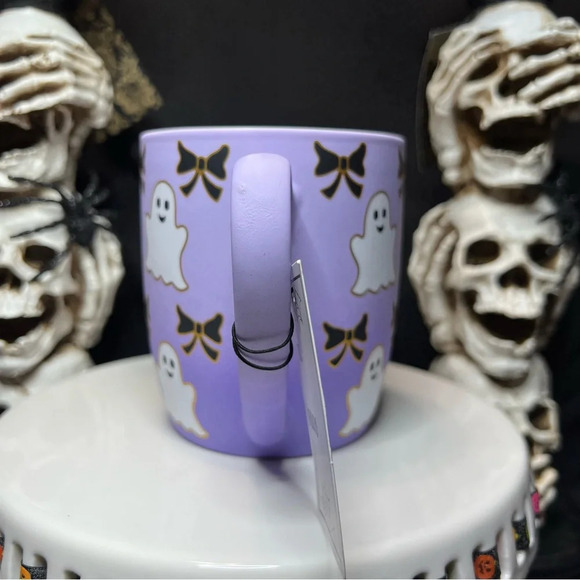 Cobwebs & Cauldrons Halloween Purple Ombre White Ghost Black Bow Coffee Mugs - Picture 6 of 12